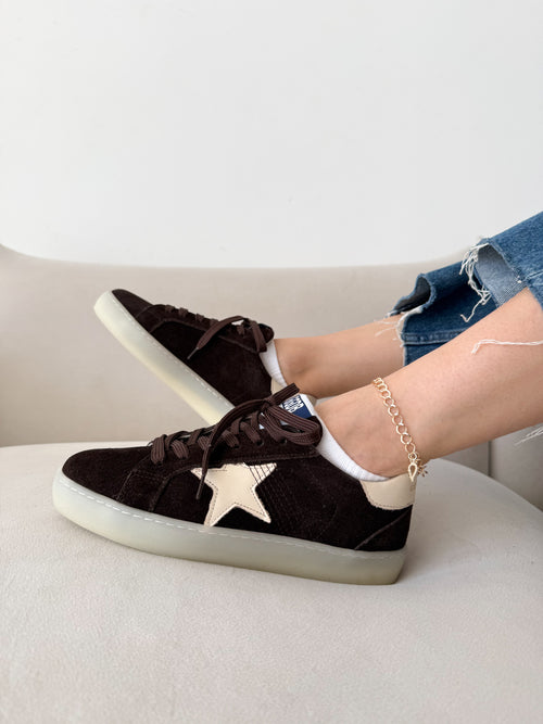 Hakiki Deri Kahverengi Süet Yıldız Detaylı Kadın Sneaker Günlük Spor Ayakkabı