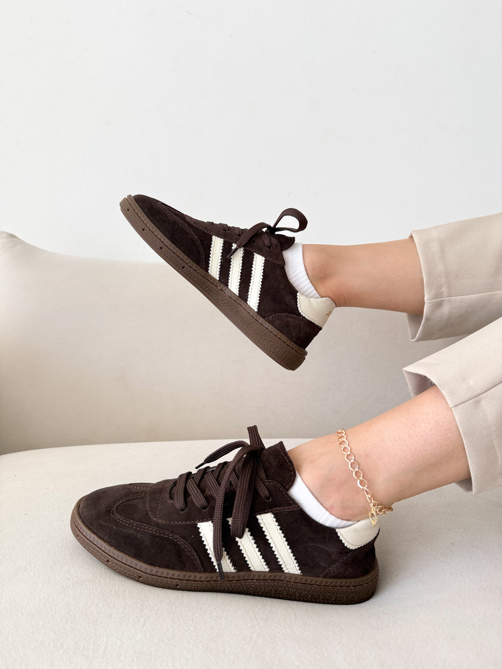 Hakiki Deri Üç Çizgi Detaylı Kahverengi Kadın Sneaker Günlük Spor Ayakkabı