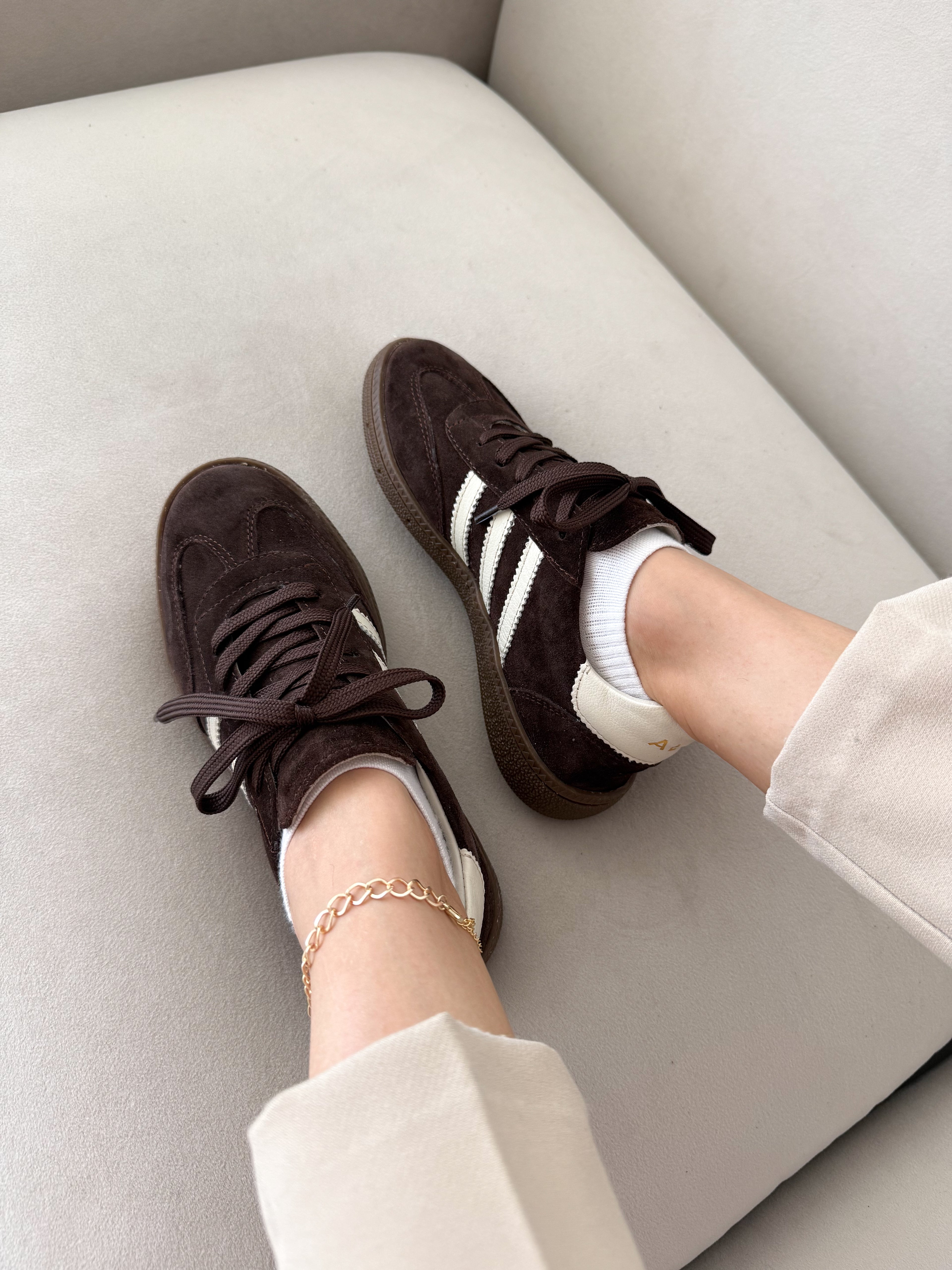 Hakiki Deri Üç Çizgi Detaylı Kahverengi Kadın Sneaker Günlük Spor Ayakkabı