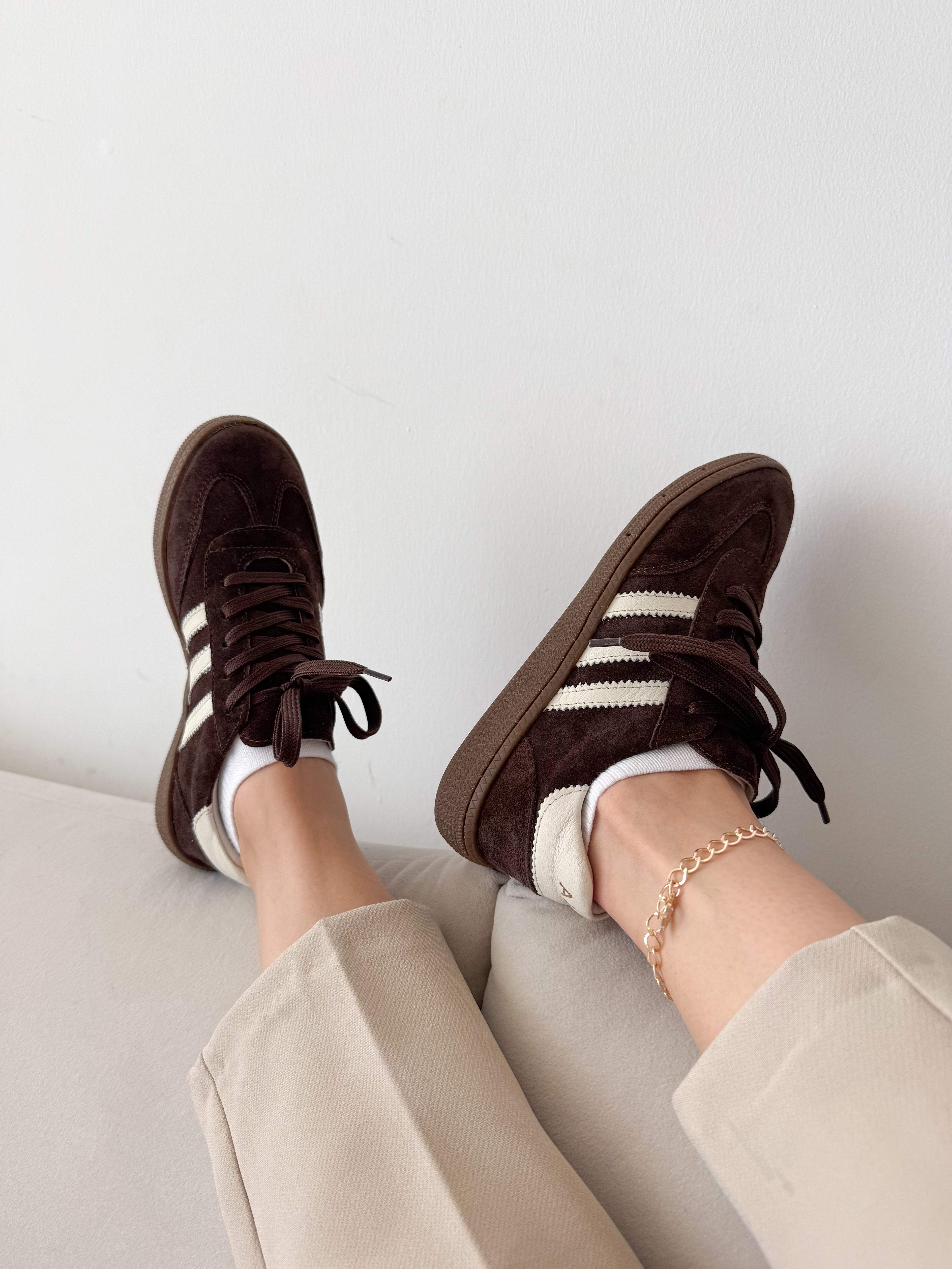Hakiki Deri Üç Çizgi Detaylı Kahverengi Kadın Sneaker Günlük Spor Ayakkabı
