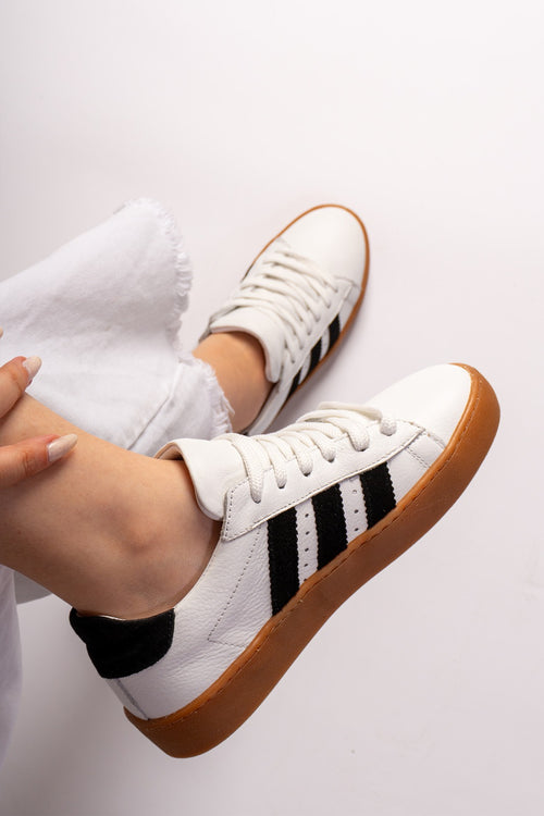 Hakiki Deri Kadın Sneaker Beyaz, Bağcıklı Şerit Detaylı Günlük Spor Ayakkabı